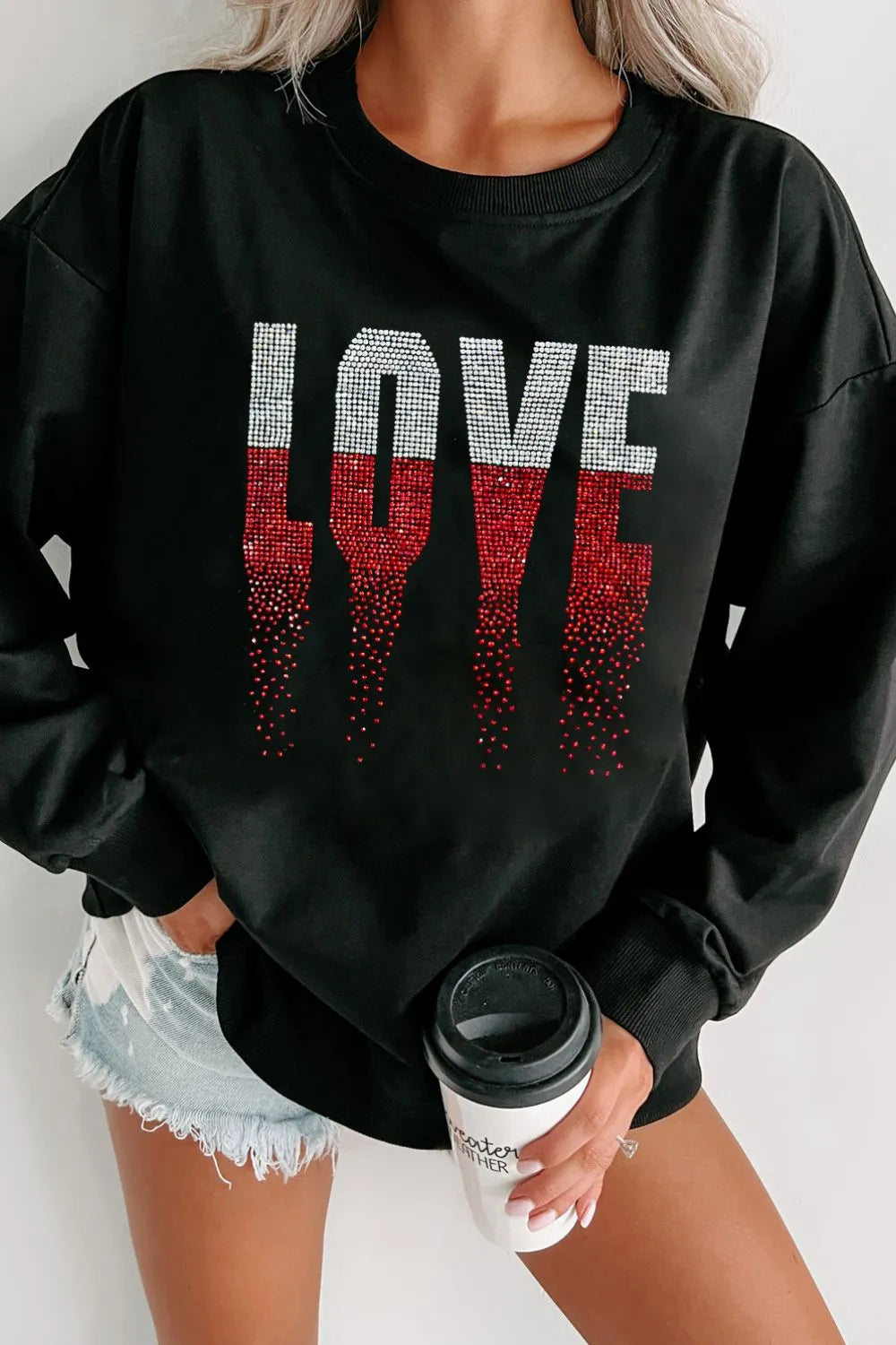 Rhinestone LOVE Sweatshirt for Women - Long Sleeve, Opaque, Comfortable Casual Wear