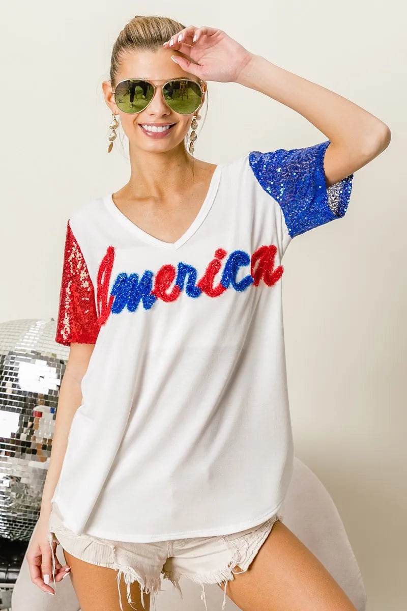 Chic Metallic Letter V-Neck Top with Sequin Sleeves for Glamorous Looks - Store 42