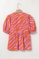 Zebra Stripe Print Ruched Cuff Half Sleeve V Neck Blouse