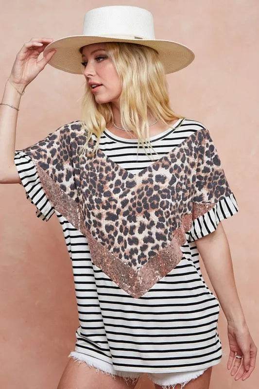 BiBi Stripe Rayon Span Knit Color Block Top With Leopard - Store 42
