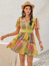 Crochet Trim Printed V-Neck Short Sleeve Mini Dress Yellow