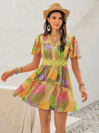 Crochet Trim Printed V-Neck Short Sleeve Mini Dress Yellow