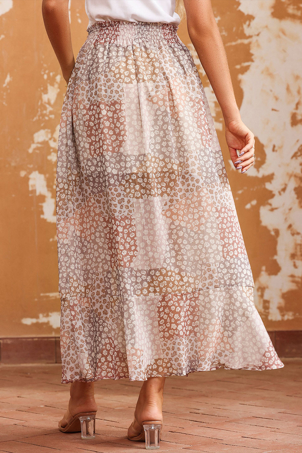 Floral Midi Skirt with Button Front and Slit, Vintage-Inspired Chiffon A-Line Design