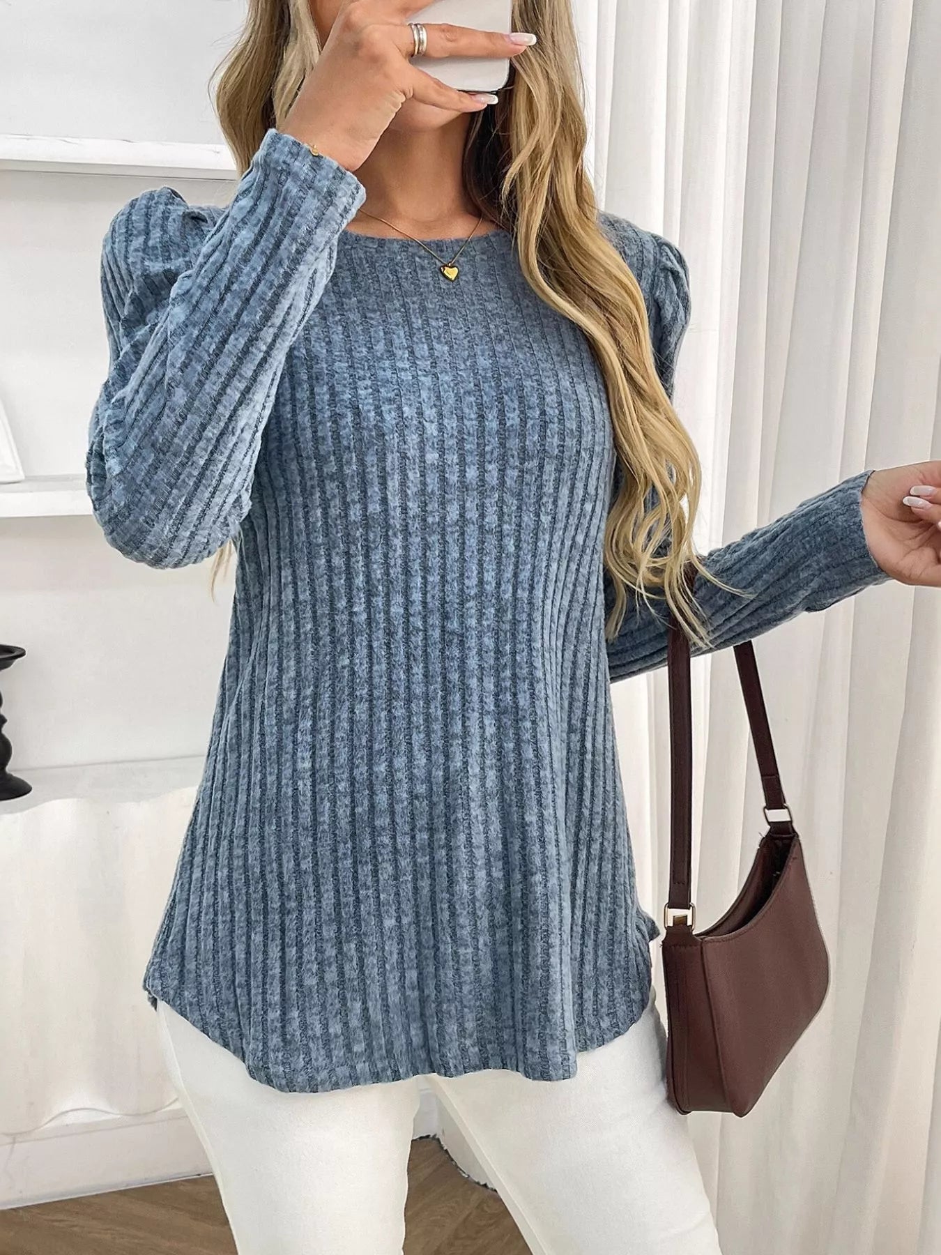 Stylish Round Neck Puff Sleeve T-Shirt with Pocket, Slightly Stretchy, 65% Rayon Fabric