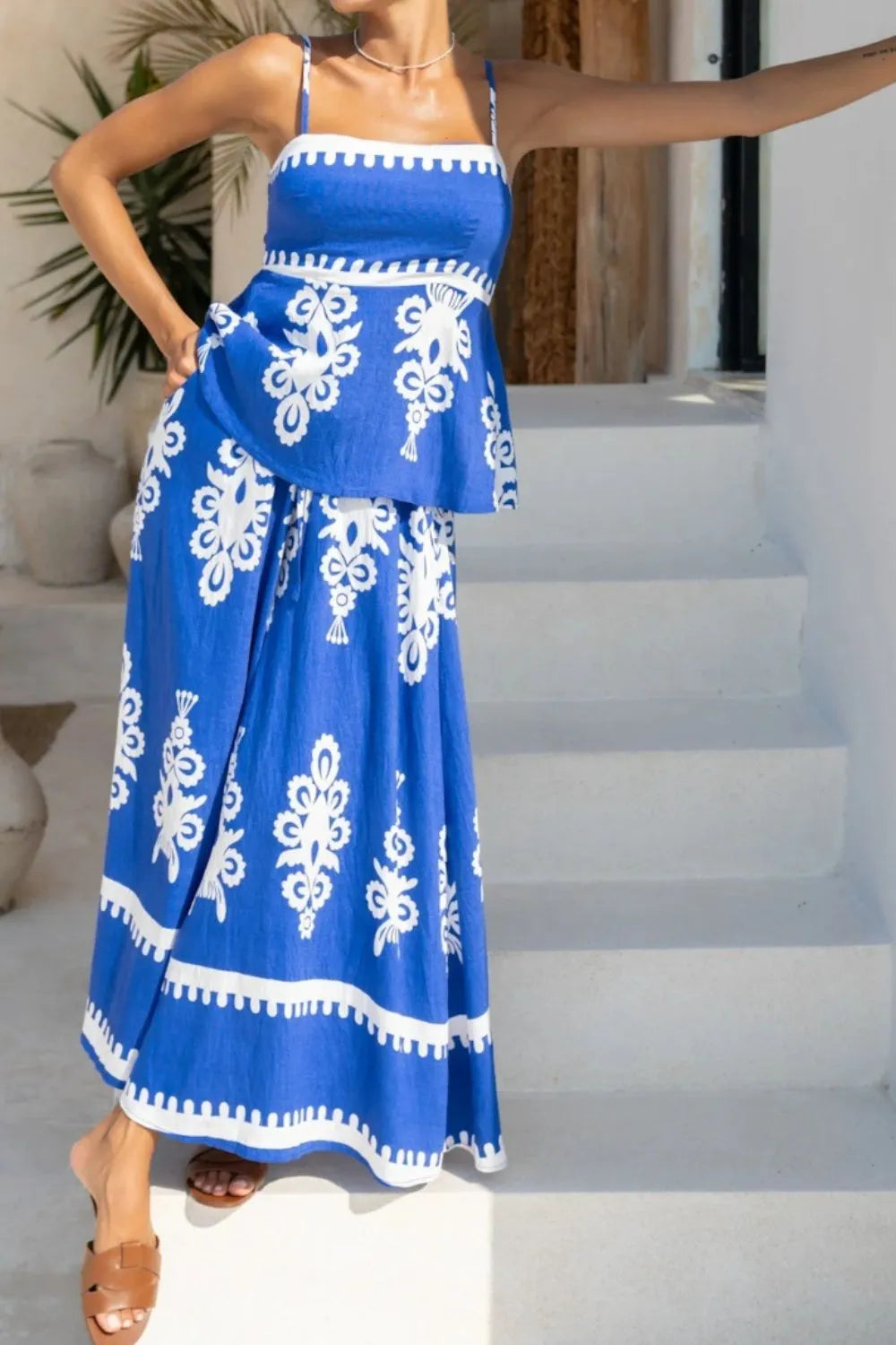 Printed Square Neck Cami and Wide Leg Pants Set