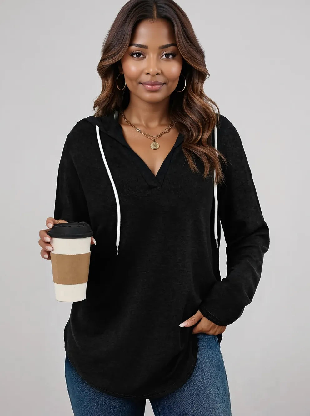 Plus Size Full Length Drawstring Hoodie with Long Sleeves - Oversized Comfort