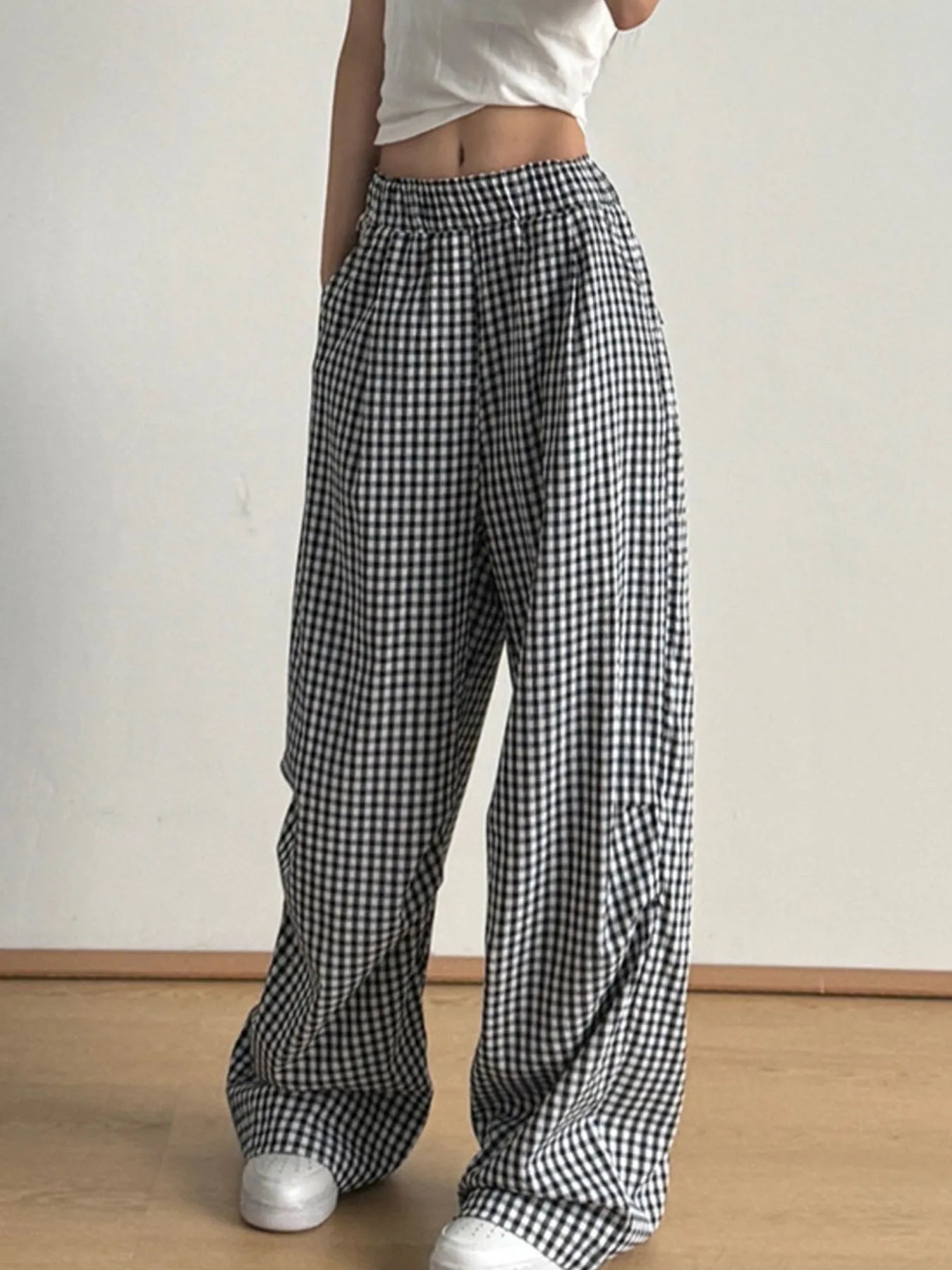 Trendy Gingham Check Wide Leg Casual Pants with Pockets - 100% Polyester, Oversized Fit