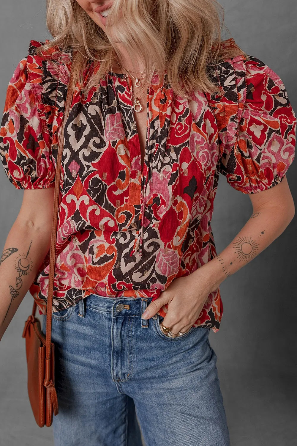 Trendsi Ethnic Print Split Neck Blouse With Short Puff Sleeves - 100% Cotton Ruffled Top