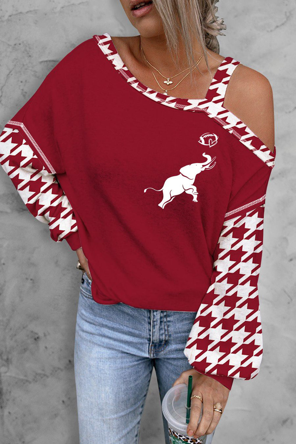 Asymmetrical Neck Houndstooth Long Sleeve Top - Slightly Stretchy, Opaque Fabric, Basic Style