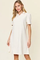 Double Take Full Size Texture Collared Neck Short Sleeve Dress White