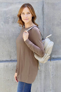 Basic Bae Women's Full Size Round Neck Long Sleeve Top with Pockets and Moderate Stretch - Store 42