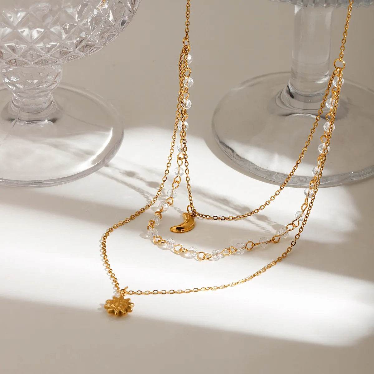 18K Gold-Plated Moon Sun Layered Pendant Necklace - Celestial Charm With Adjustable Chain - Store 42