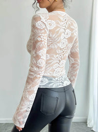 Lace Deep V-Neck Long Sleeve Sheer T-Shirt - 90% Polyamide, Slightly Stretchy Top - Store 42