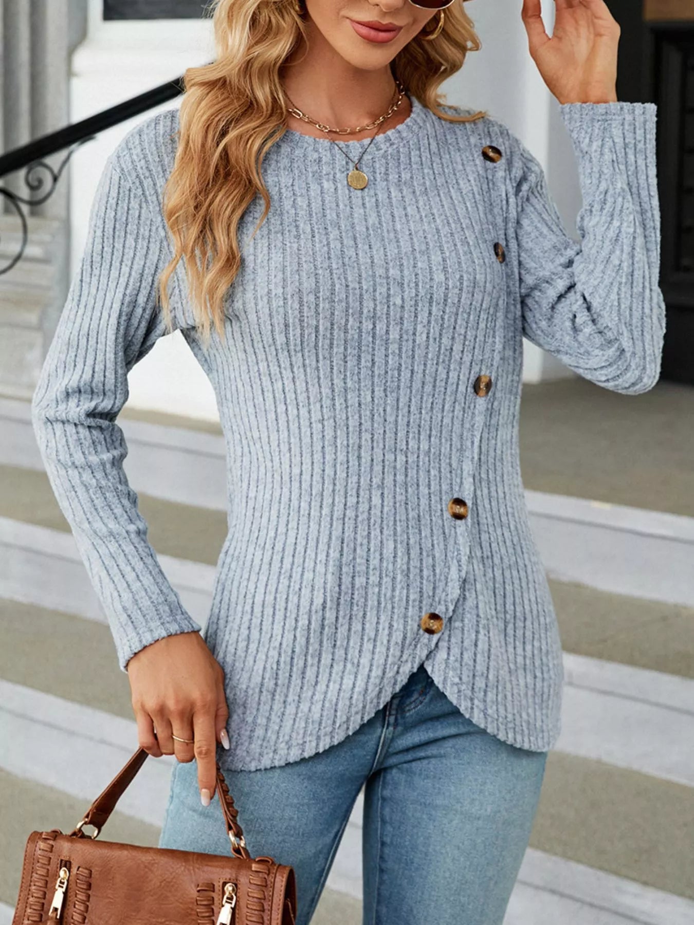 Ribbed Knit Decor Button T-Shirt