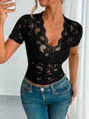 Sheer Lace V-Neck Short Sleeve Top for Women - Slightly Stretchy, Elegant Style - Store 42