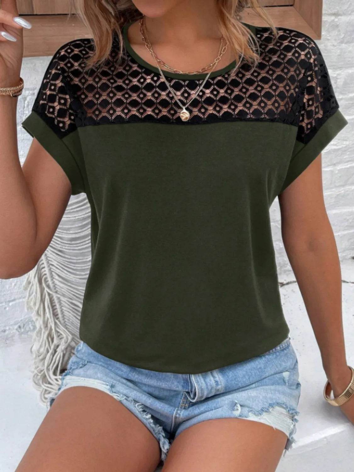 Lace Cutout Round Neck Short Sleeve T-Shirt for Women - 60% Polyester Casual Top