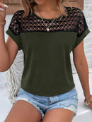 Lace Cutout Round Neck Short Sleeve T-Shirt for Women - 60% Polyester Casual Top - Store 42