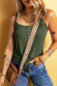 Full Size Casual Ribbed Button-Front Tie-Hem Tank Top Plus Size