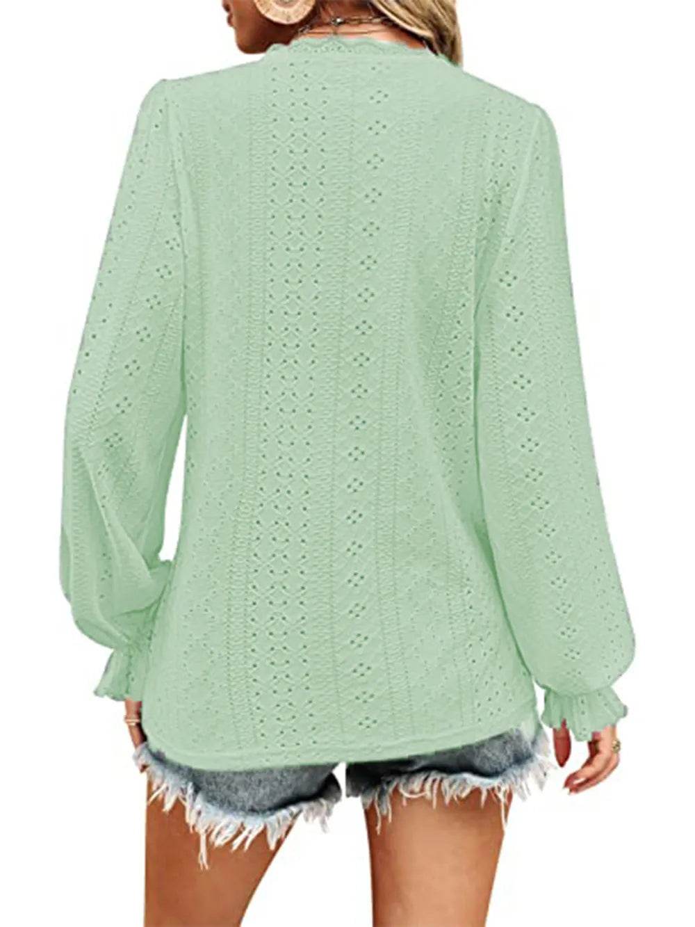 Trendy Eyelet V-Neck Blouse with Flounce Sleeves - Opaque, Highly Stretchy, Lined - 100% Polyester - Store 42