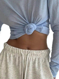 Slightly Stretchy Knotted Long Sleeve T-Shirt in Sheer 100% Polyester - Trendy Basic Style - Store 42