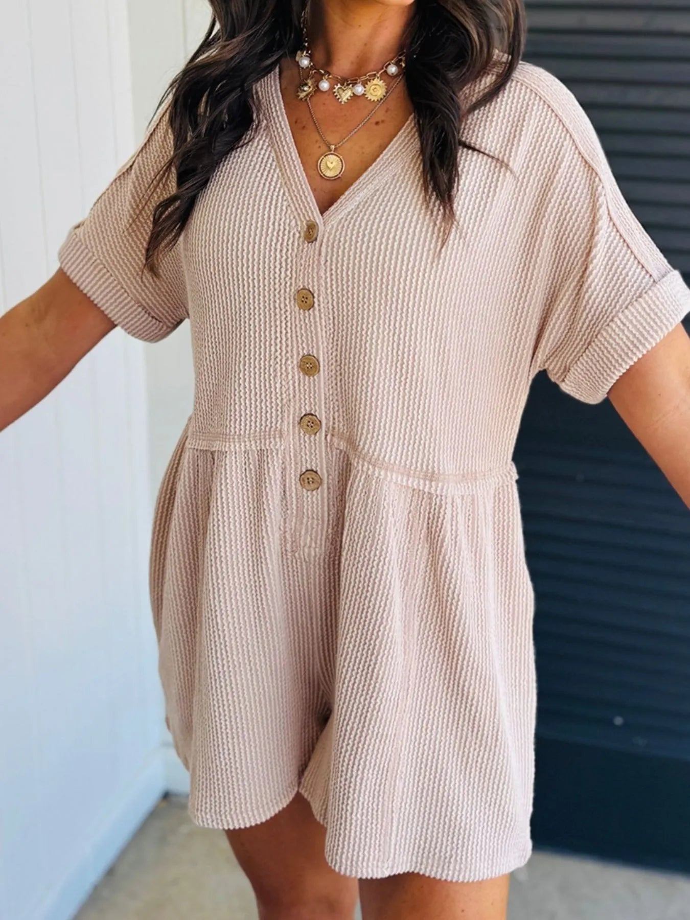 Casual Button-Front Ribbed Romper with Pockets - Soft 75% Polyester Fabric, Comfortable Fit