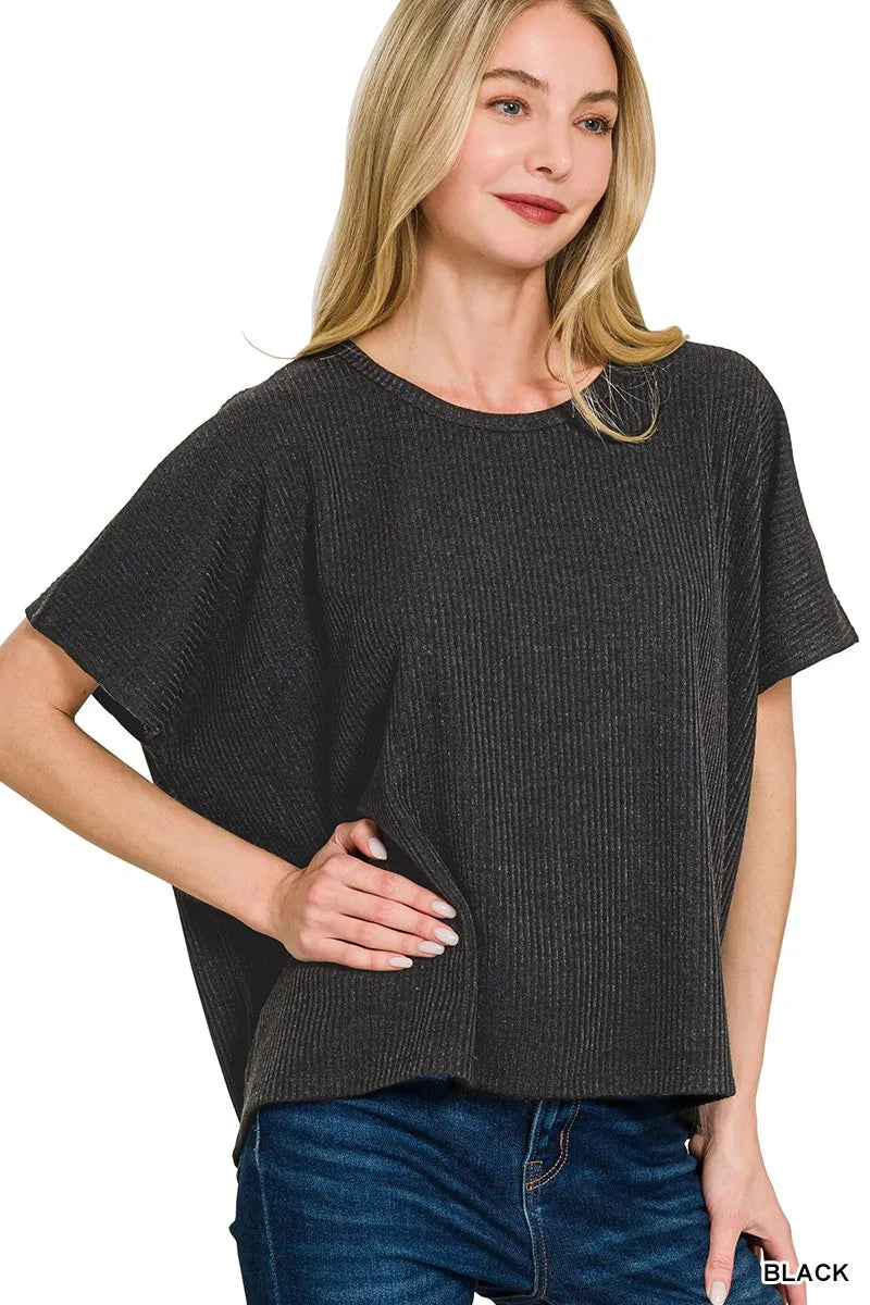 Zenana Oversized Ribbed Knit Top - Short Sleeve Round Neck, Soft & Breathable, Casual Everyday Wear