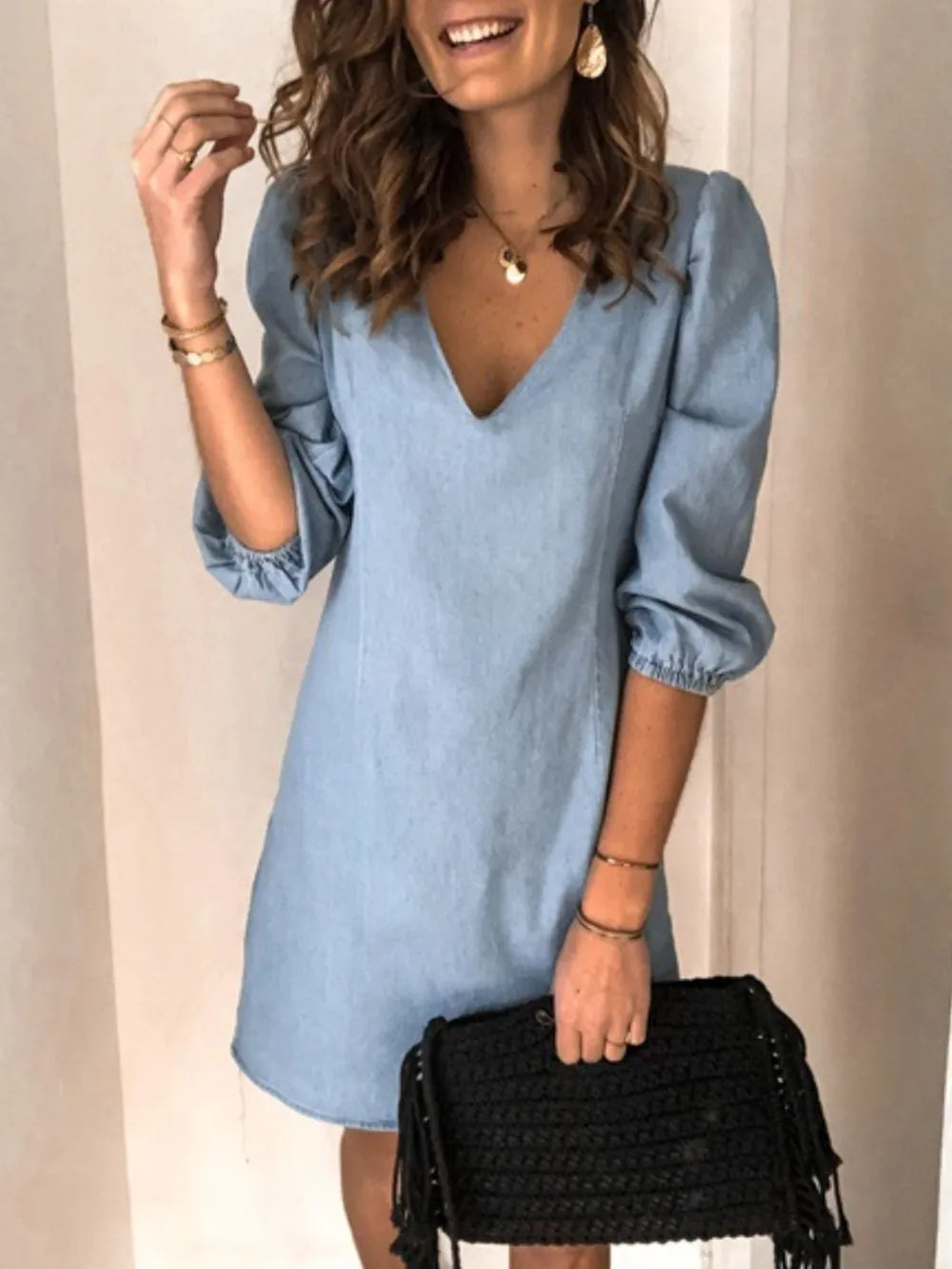 Essential Full Size V-Neck Half Sleeve Dress - 65% Rayon, 35% Polyester - Machine Washable