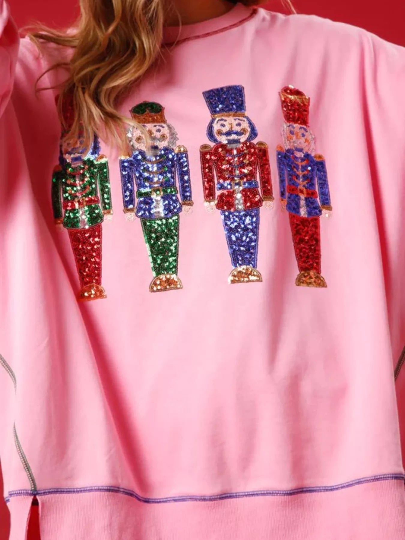 Unique Christmas Nutcracker Sequin Sweatshirt with Slight Stretch - Festive Round Neck Design