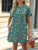 Printed Round Neck Short Sleeve Mini Dress Green