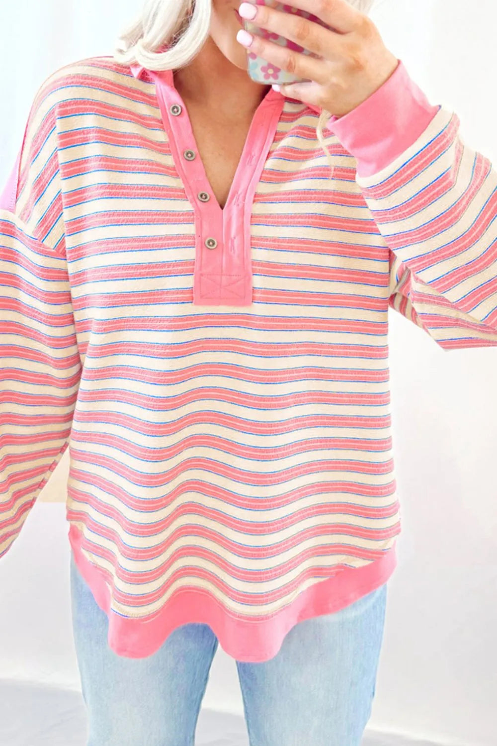 Trendy Striped Johnny Collar Long Sleeve Sweatshirt - Stylish & Comfortable Opaque Fabric