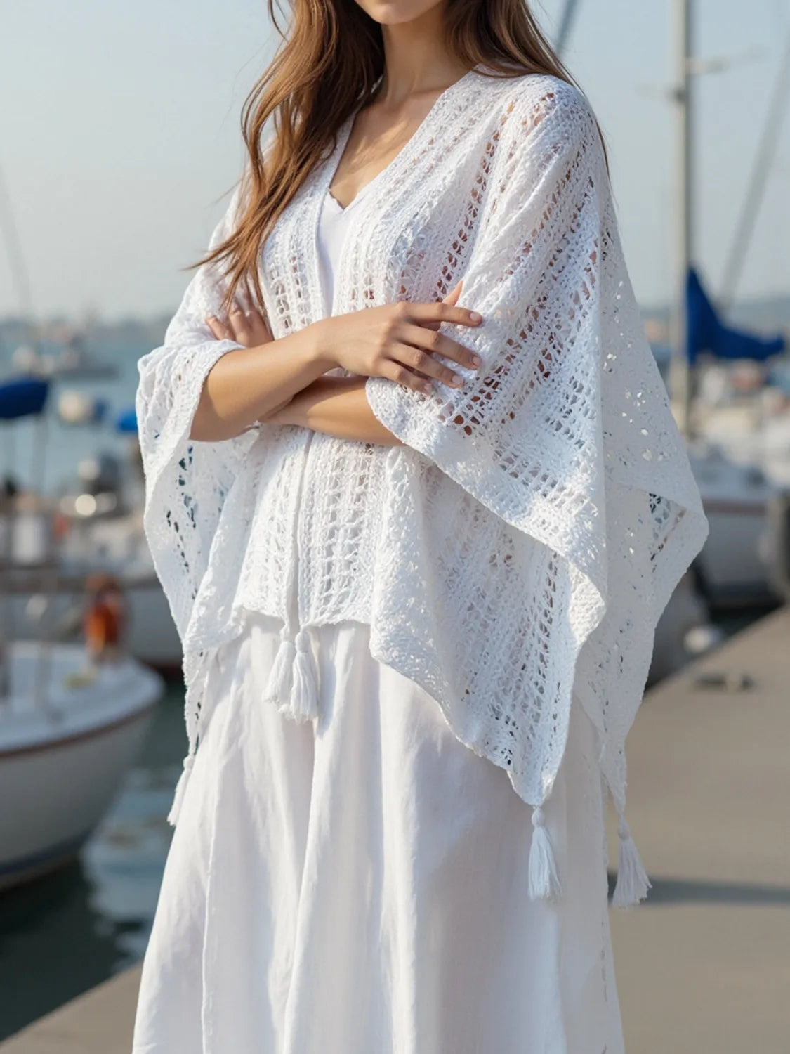 Sheer Openwork Tassel Knit Cover Up - 100% Polyester, Open Front Design, One Size