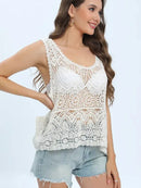 Cutout Round Neck Sleeveless Cover Up White One Size