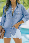 Pocketed Collared Neck Long Sleeve Denim Top Light Blue