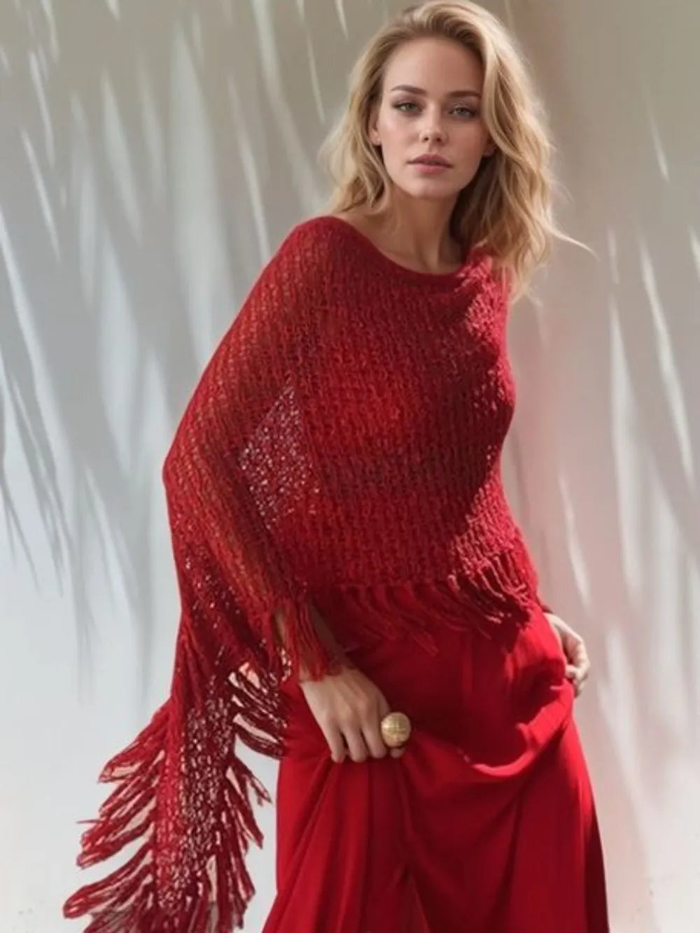Tassel Boat Neck Knit Shawl Deep Red