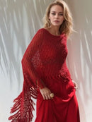 Tassel Boat Neck Knit Shawl Deep Red