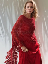 Tassel Boat Neck Knit Shawl Deep Red