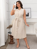 Plus Size Button Front Tie Waist Sleeveless Dress