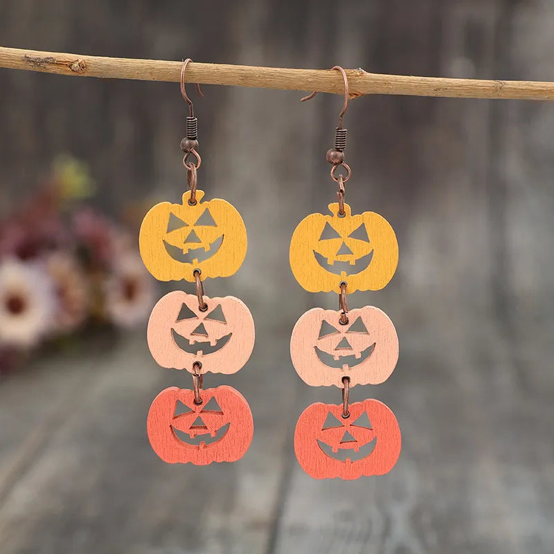 Wooden Contrast Pumpkin Earrings - Unique Alloy & Wood Design, 2.9 In Length, Lightweight