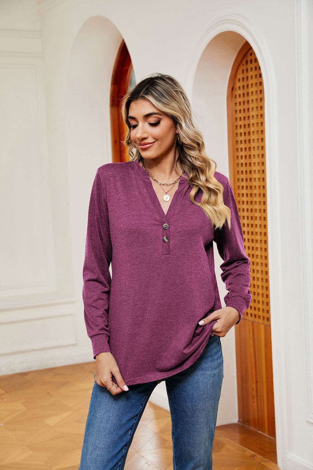 Trendsi Buttoned Notched Neck Long Sleeve Top - Slightly Stretchy Opaque Fabric - Store 42