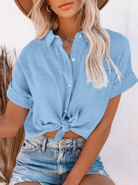 Full Size Button Up Short Sleeve Shirt Plus Size Sky Blue