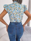 Floral Printed Tie Neck Blouse with Flutter Cap Sleeves - Casual Opaque Top - Store 42