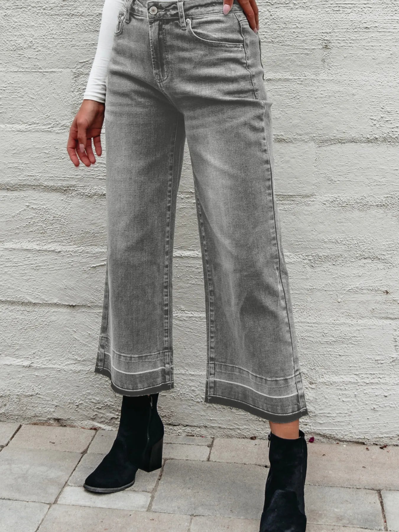 High Waist Wide Leg Washed Jeans Dark Gray