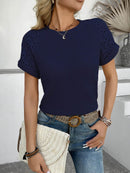 Trendy Hollow Out Waffle Knit Short Sleeve T-Shirt - Soft Stretchy Fabric, Eyelet Detail - Store 42