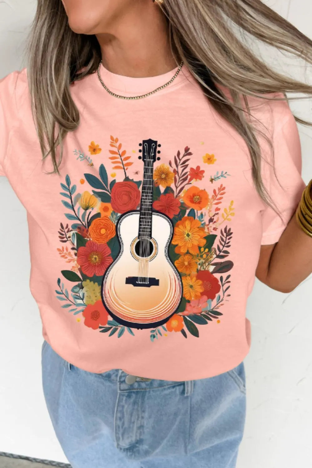 Stylish Guitar Flower Print Crew Neck T-Shirt - Loose Fit, Slightly Stretchy, Casual Style