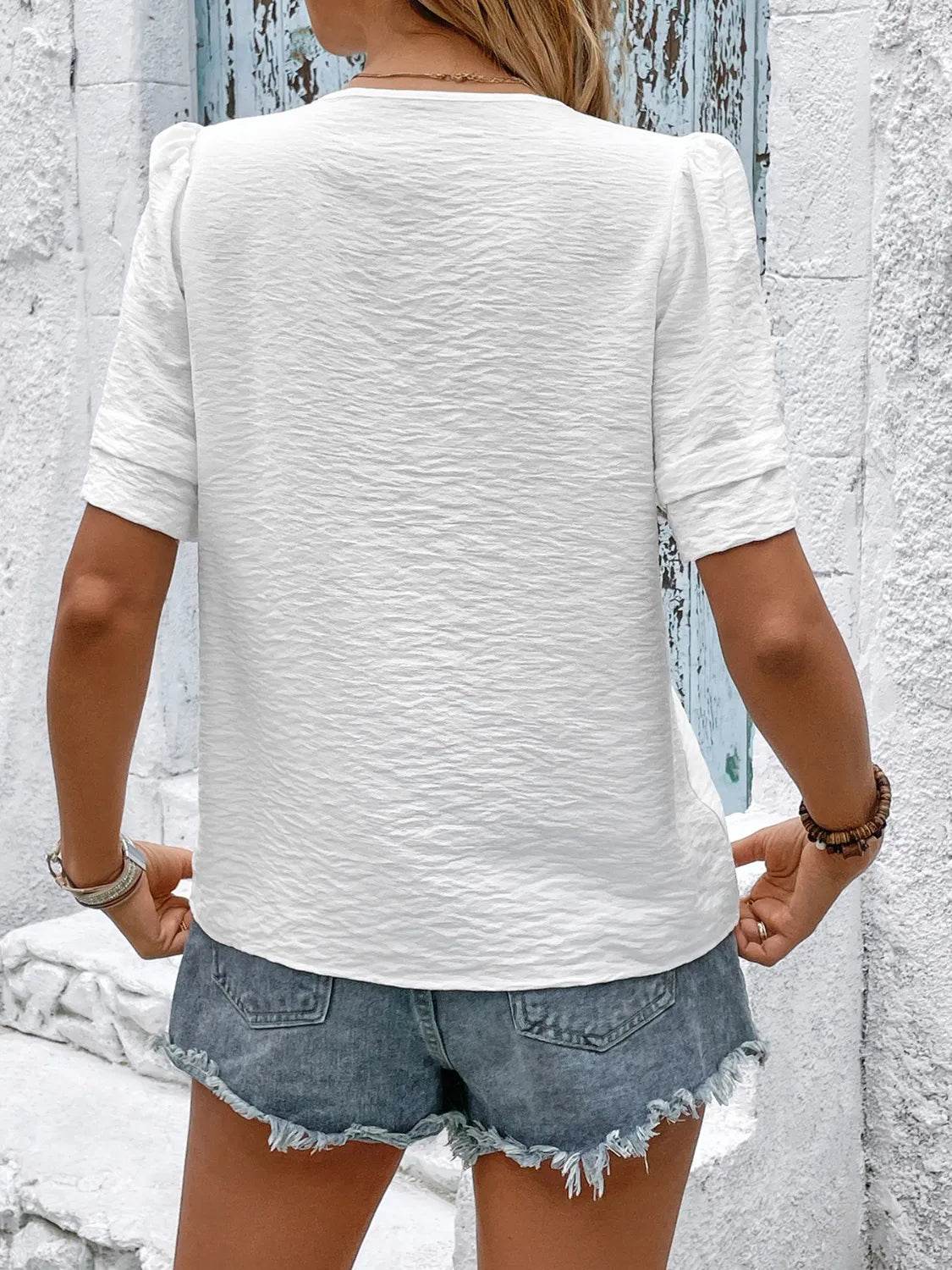 Slightly Stretchy Embroidered V-Neck Short Sleeve Top With Button Detail - 88% Viscose - Store 42