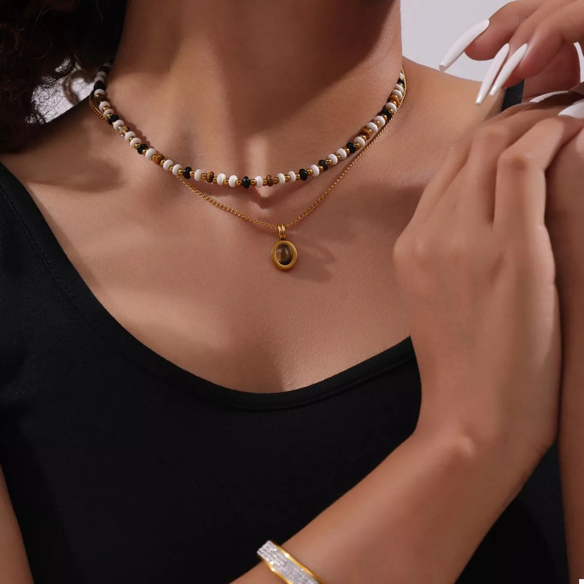 2 Piece Natural Stone and Gold Chain Necklace with Pendant
