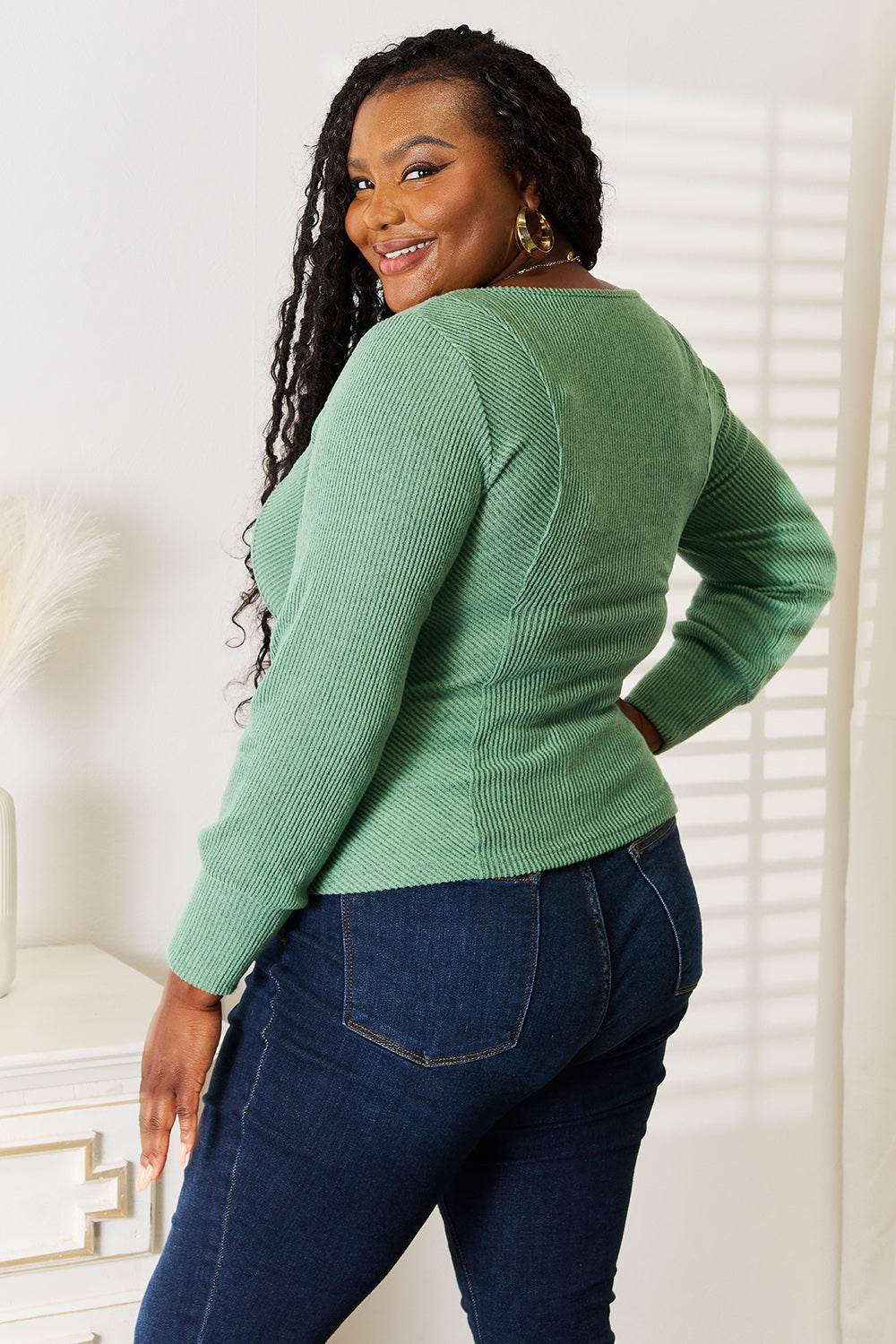 Scoop Neck Long Sleeve Top - Basic Bae Style, Elegant Opaque Design, Slightly Stretchy Fabric
