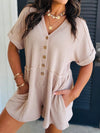 Casual Button-Front Ribbed Romper Beige