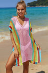 Angel Wings Openwork Striped Slit Knit Cover Up Blush Pink One Size