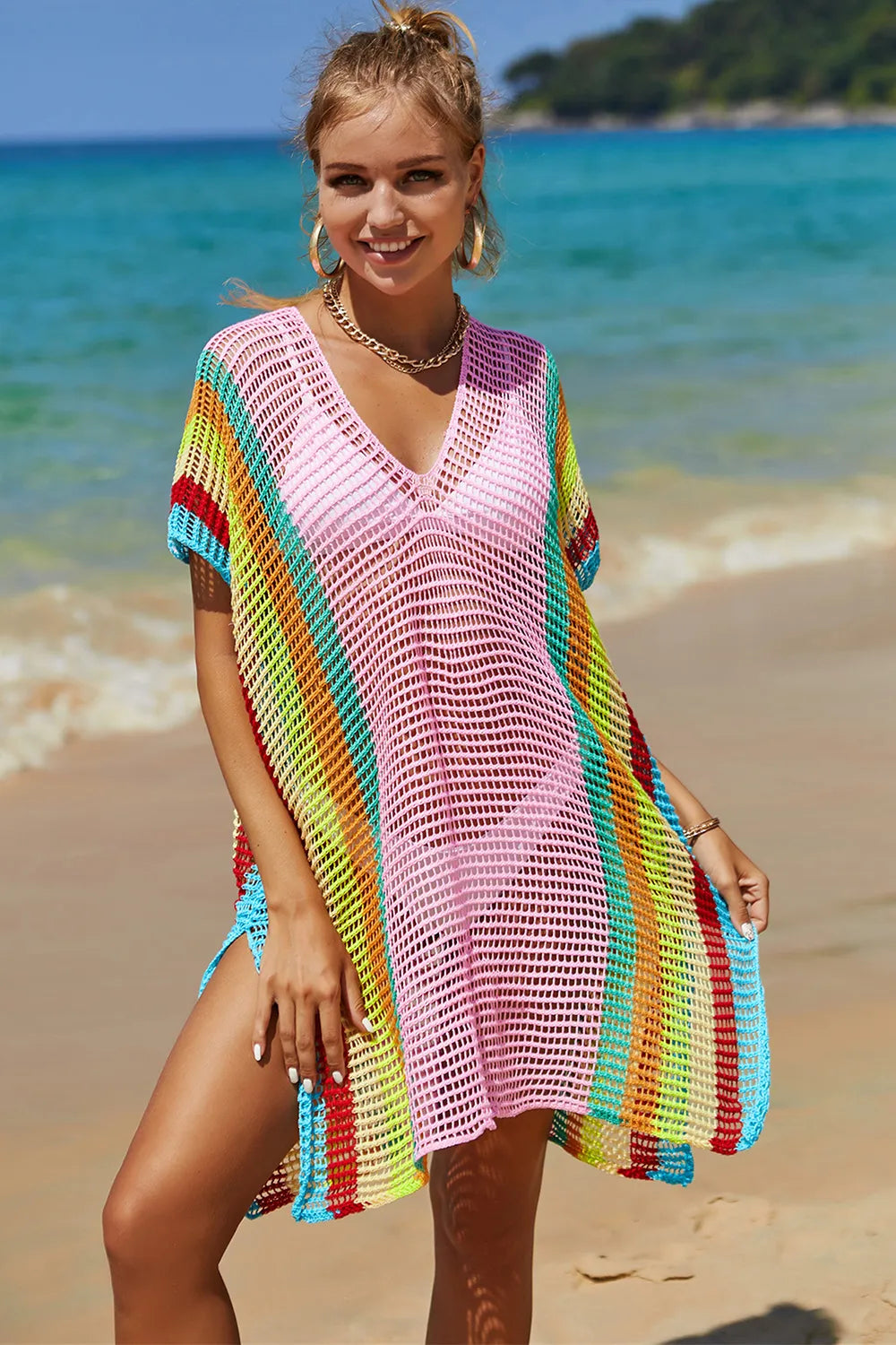 Angel Wings Openwork Striped Slit Knit Cover Up Blush Pink One Size
